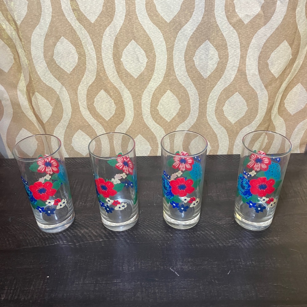 Pioneer Woman Floral Tumbler Set 4 Clear Red Blue Retro Poppies Glassware
